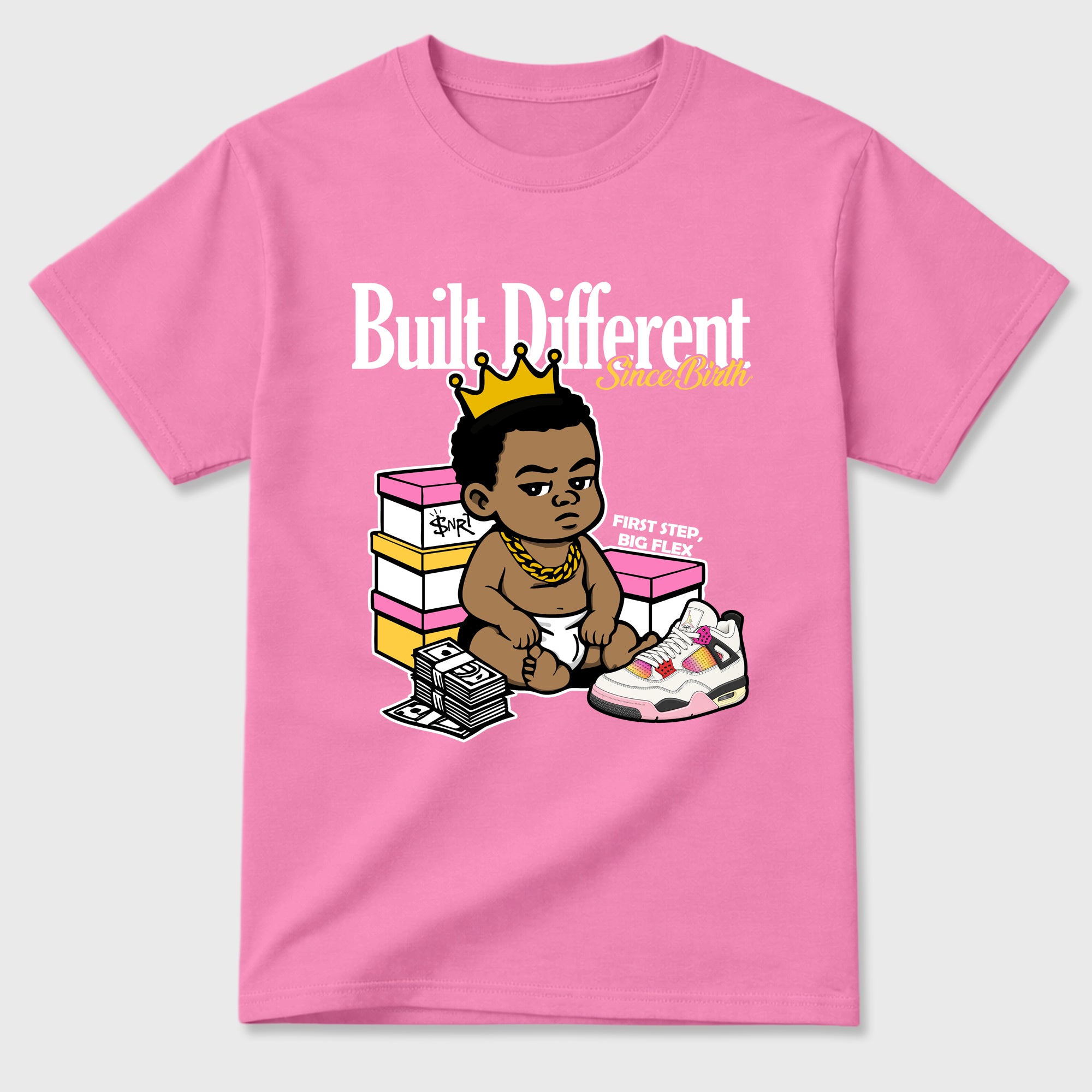 Built Different Since Birth Graphic T-Shirt featuring original streetwear artwork designed to match the Air Jordan 4 Comic. Bubble Gum 2 Graphic T-Shirt.