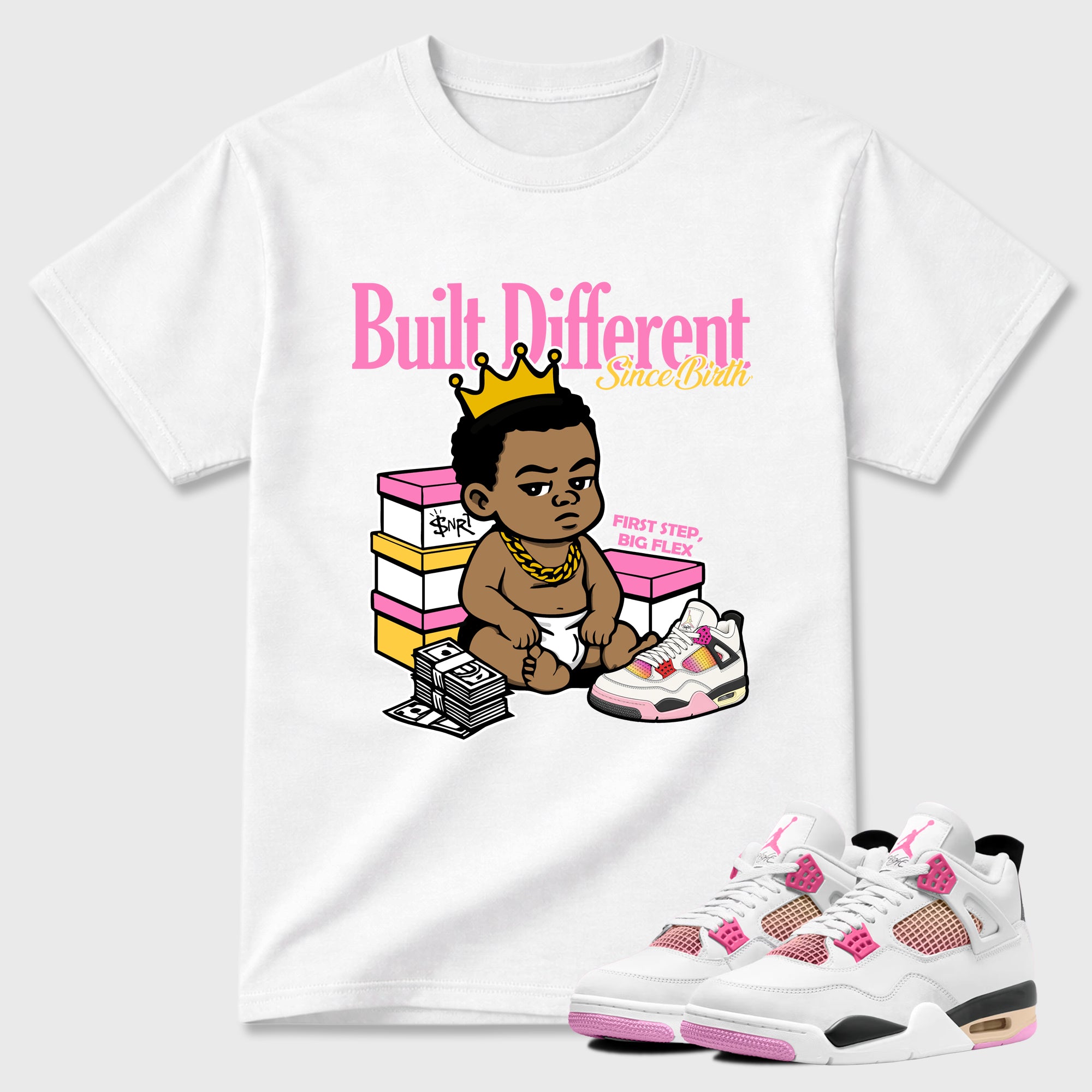Built Different Since Birth Graphic T-Shirt featuring original streetwear artwork designed to match the Air Jordan 4 Comic. White 1 Graphic T-Shirt.