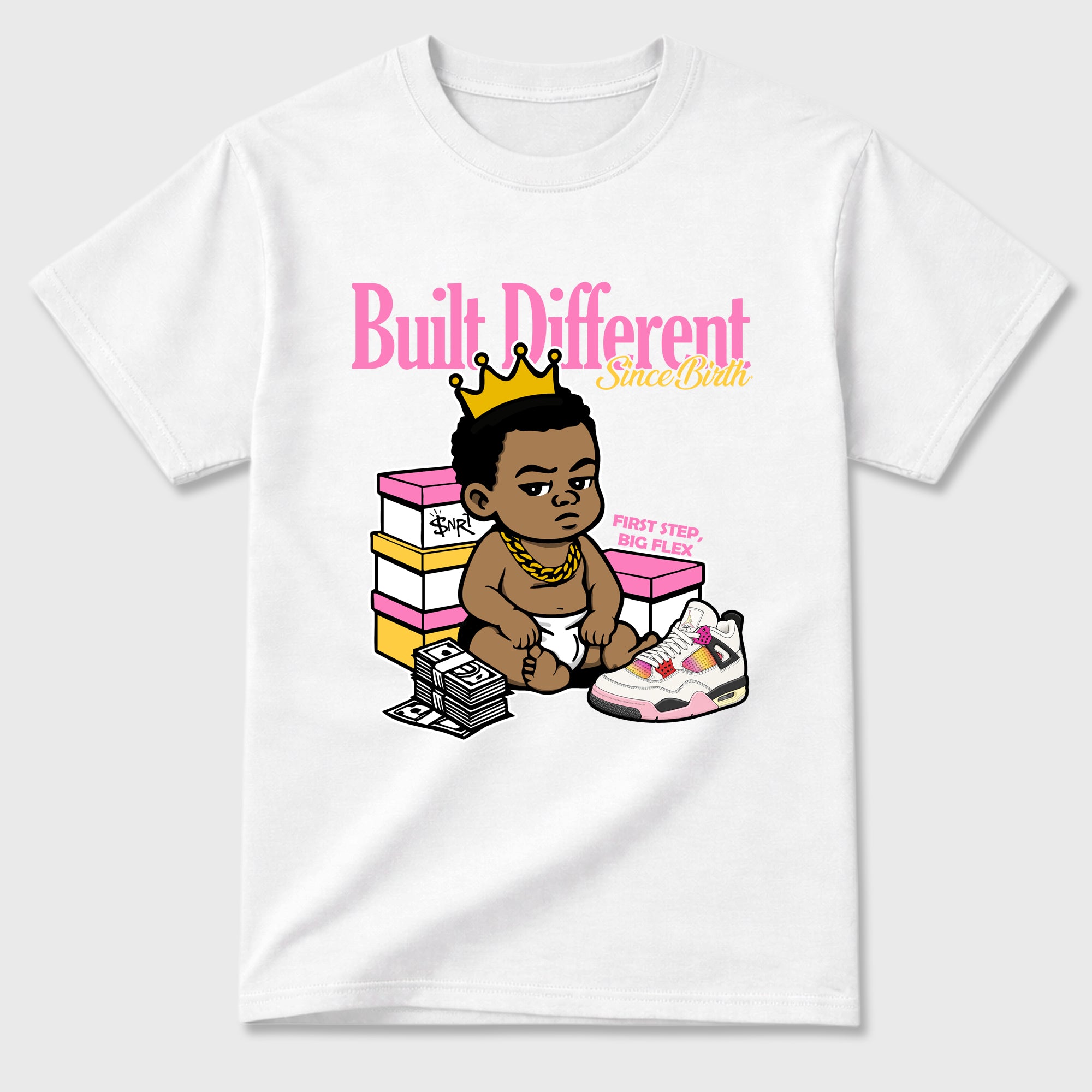 Built Different Since Birth Graphic T-Shirt featuring original streetwear artwork designed to match the Air Jordan 4 Comic. White 2 Graphic T-Shirt.