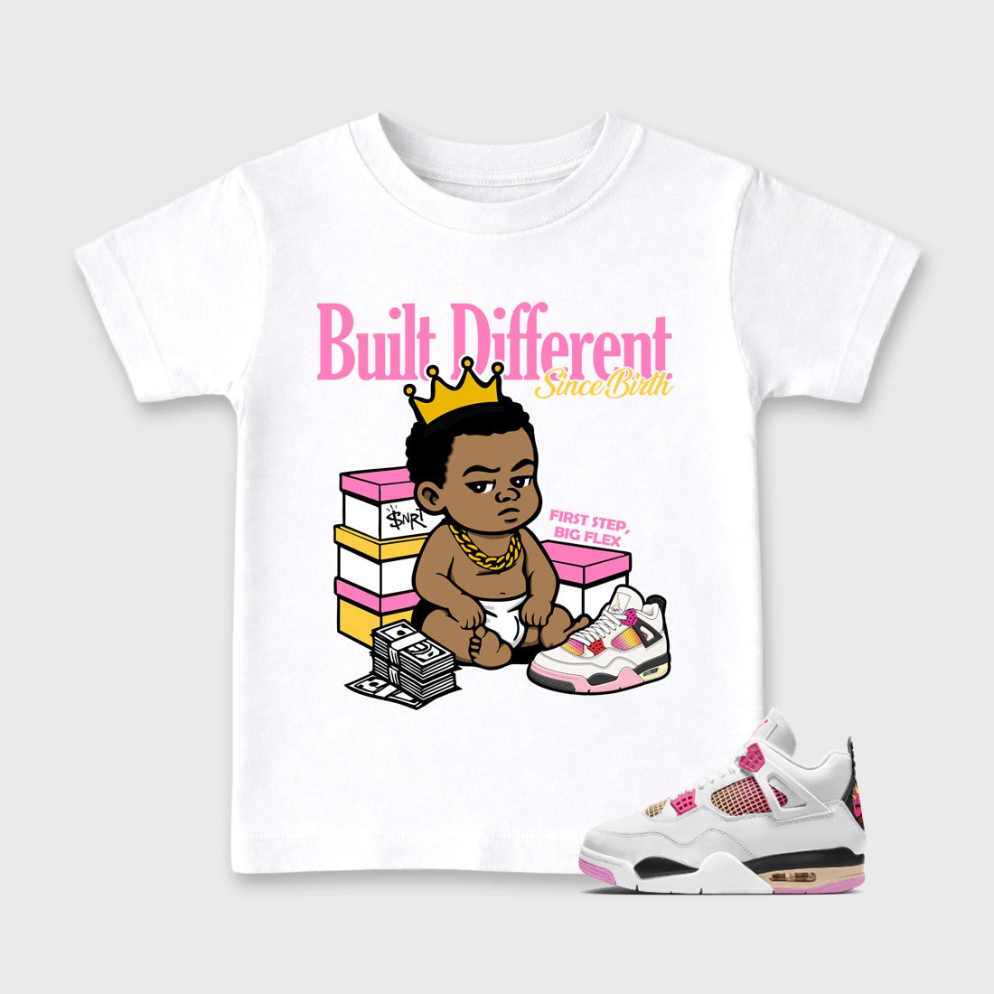Built Different Since Birth Baby & Kids Graphic T-Shirt featuring original artwork designed to match the Air Jordan 4 Comic. White 1 Kids Graphic Tee.