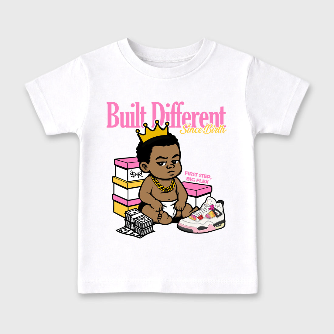 Built Different Since Birth Baby & Kids Graphic T-Shirt featuring original artwork designed to match the Air Jordan 4 Comic. White 2 Kids Graphic Tee.