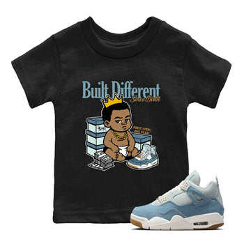 Sneaker match tees – Sneaker Tees To Match 4s Worn Blue Air Jordan 4 Denim Shoes – Built Different Since Birth Kids T-Shirt Black 1