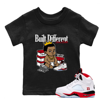 Sneaker match tees – Sneaker Tees To Match Air Jordan 5 Fire Red Shoes – Built Different Since Birth Kids T-Shirt Black 1