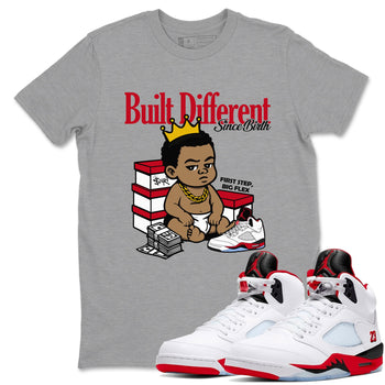 Sneaker match tees – Sneaker Tees To Match Air Jordan 5 Fire Red Shoes – Built Different Since Birth Tee Heather Grey 1