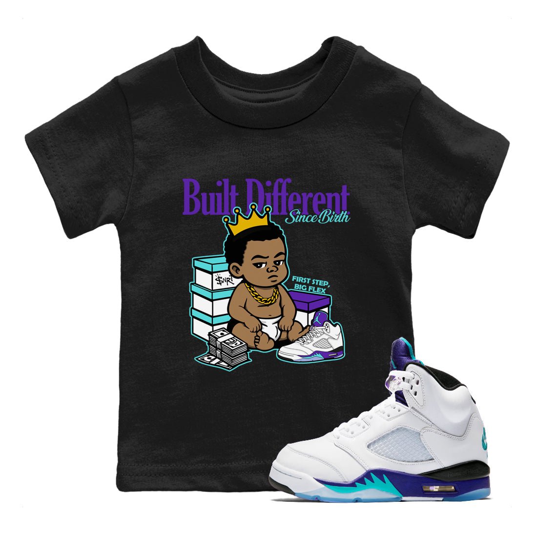 Built Different Since Birth baby and kids t-shirt crafted for little sneakerheads to shine with the Air Jordan 5 Grape sneakers, displayed in Black 1.