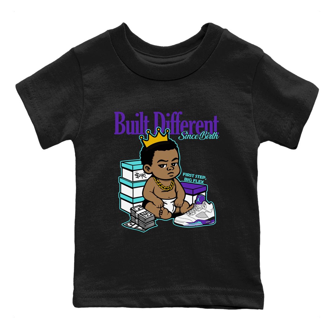 Built Different Since Birth baby and kids t-shirt crafted for little sneakerheads to shine with the Air Jordan 5 Grape sneakers, displayed in Black 2.