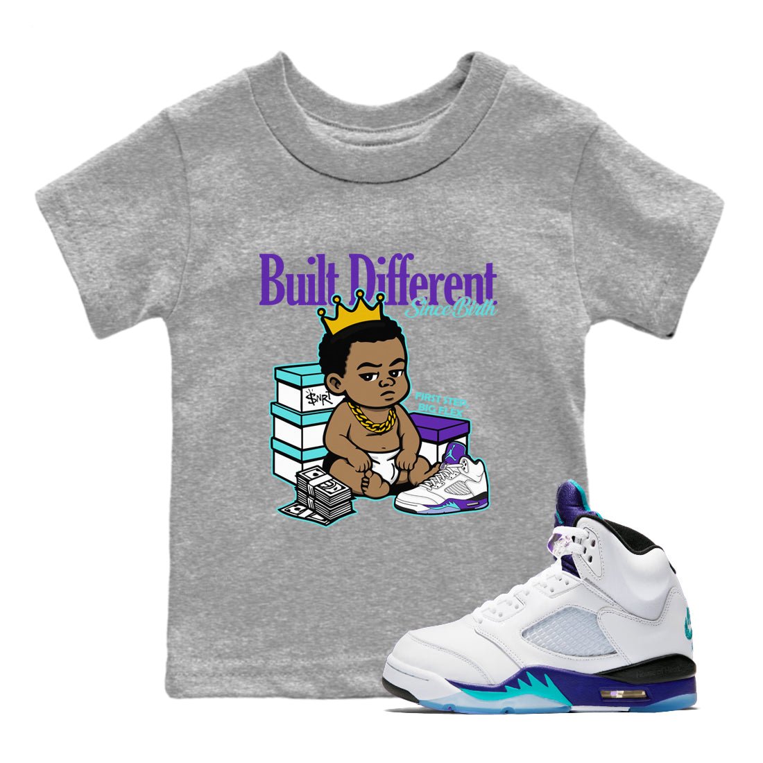 Built Different Since Birth baby and kids t-shirt crafted for little sneakerheads to shine with the Air Jordan 5 Grape sneakers, displayed in Heather Grey 1.