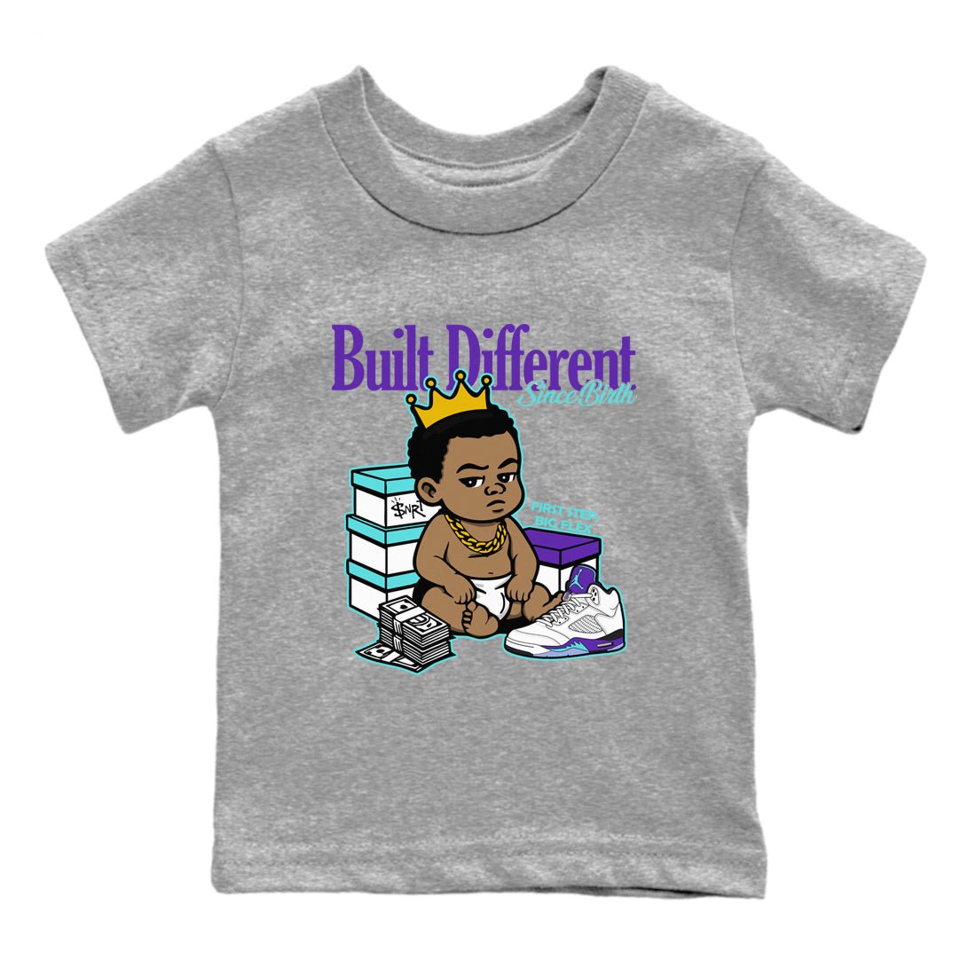 Built Different Since Birth baby and kids t-shirt crafted for little sneakerheads to shine with the Air Jordan 5 Grape sneakers, displayed in Heather Grey 2.