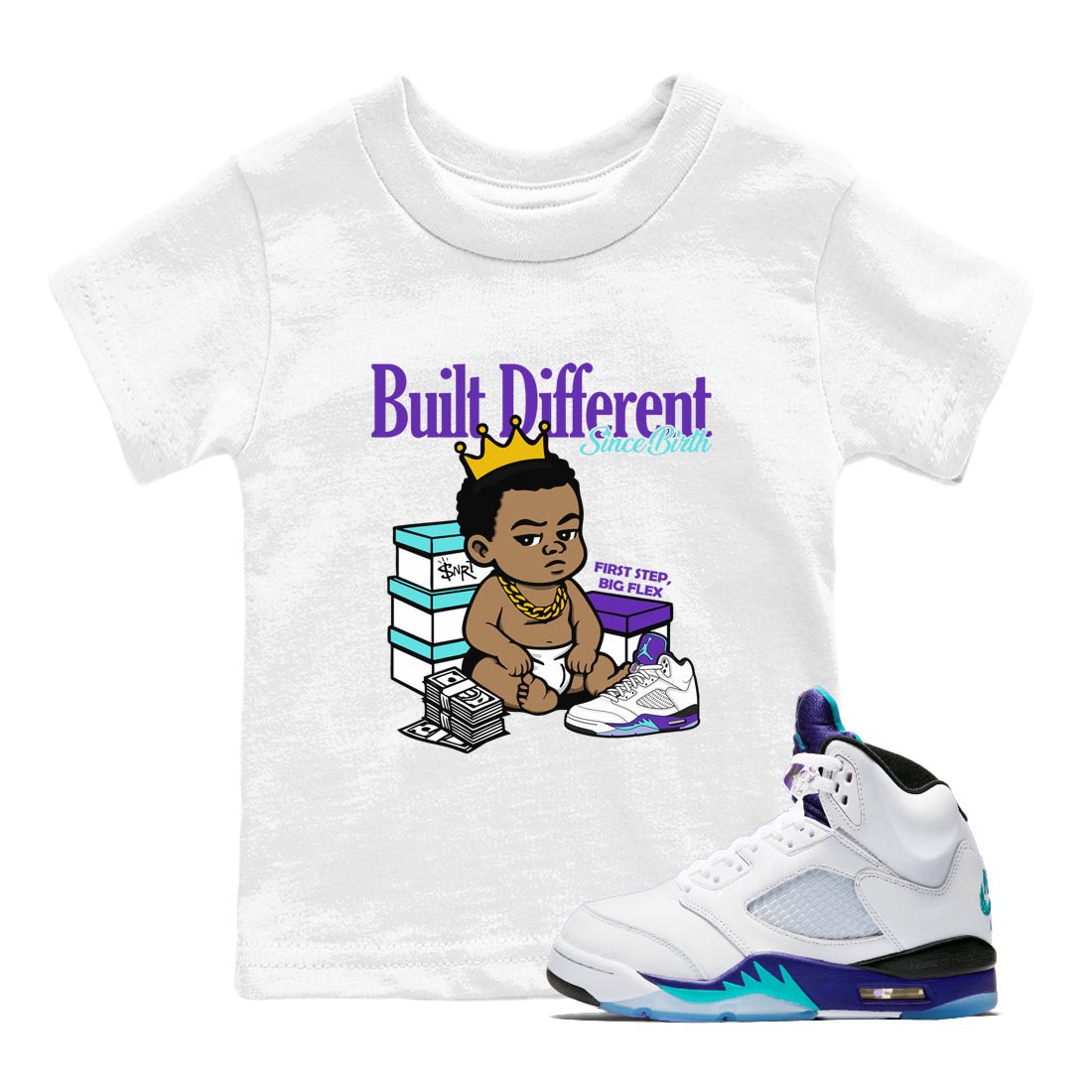 Built Different Since Birth baby and kids t-shirt crafted for little sneakerheads to shine with the Air Jordan 5 Grape sneakers, displayed in White 1.