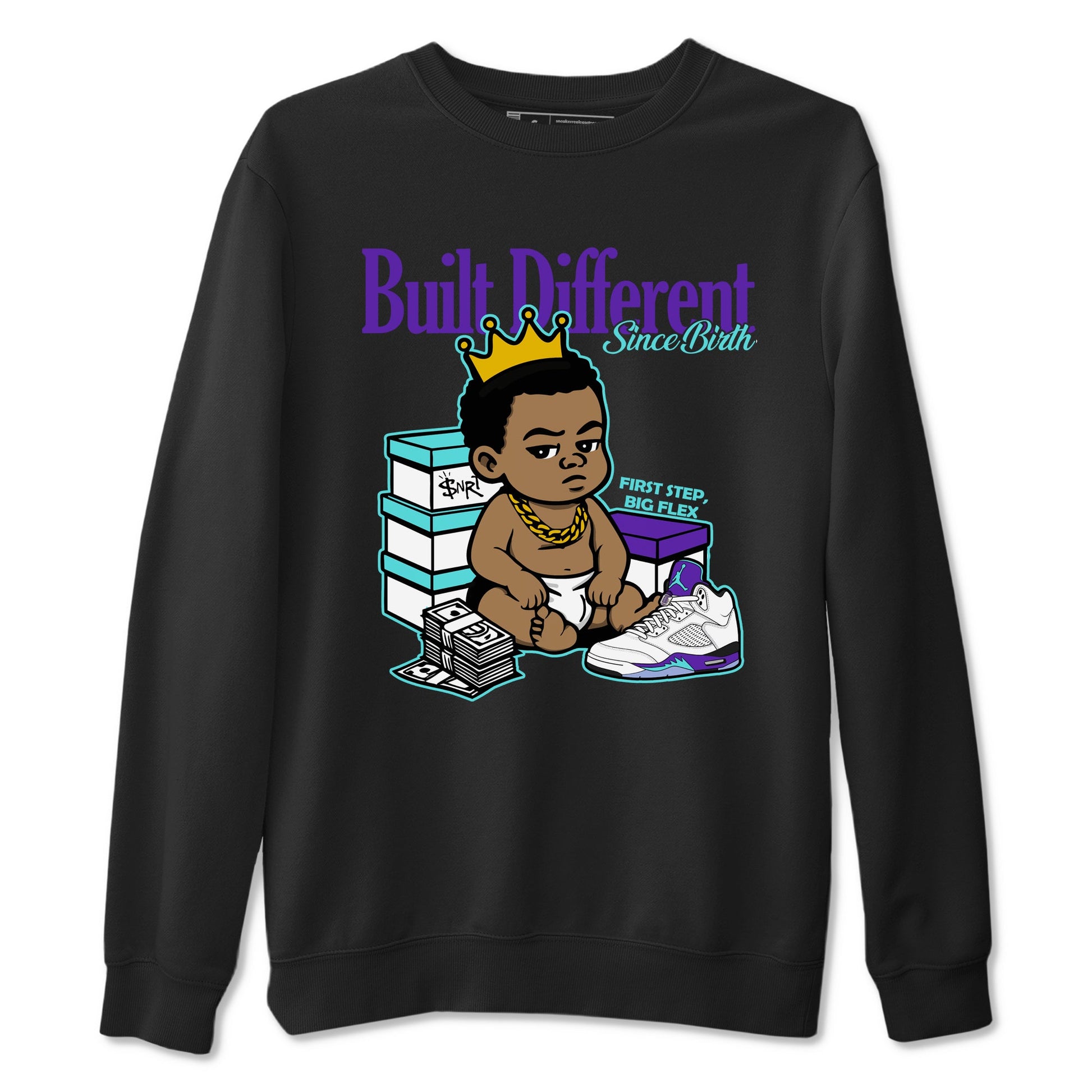Built Different Since Birth sneaker match t-shirt styled to complete your fit with the Air Jordan 5 Grape sneakers, shown in Black 2.