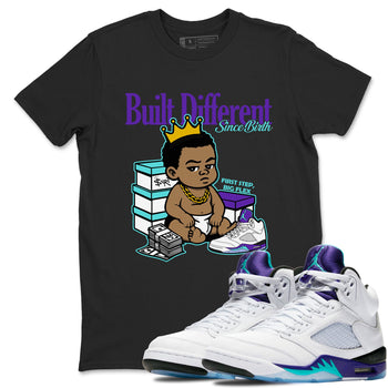 Built Different Since Birth sneaker match t-shirt styled to complete your fit with the Air Jordan 5 Grape sneakers, shown in Black 1.