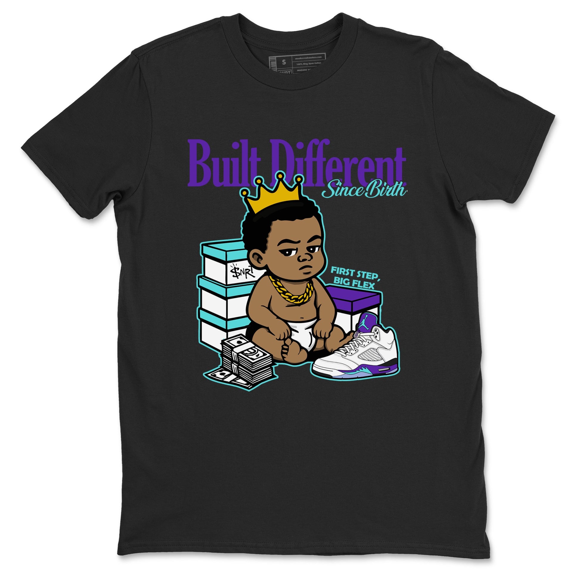 Built Different Since Birth sneaker match t-shirt styled to complete your fit with the Air Jordan 5 Grape sneakers, shown in Black 2.