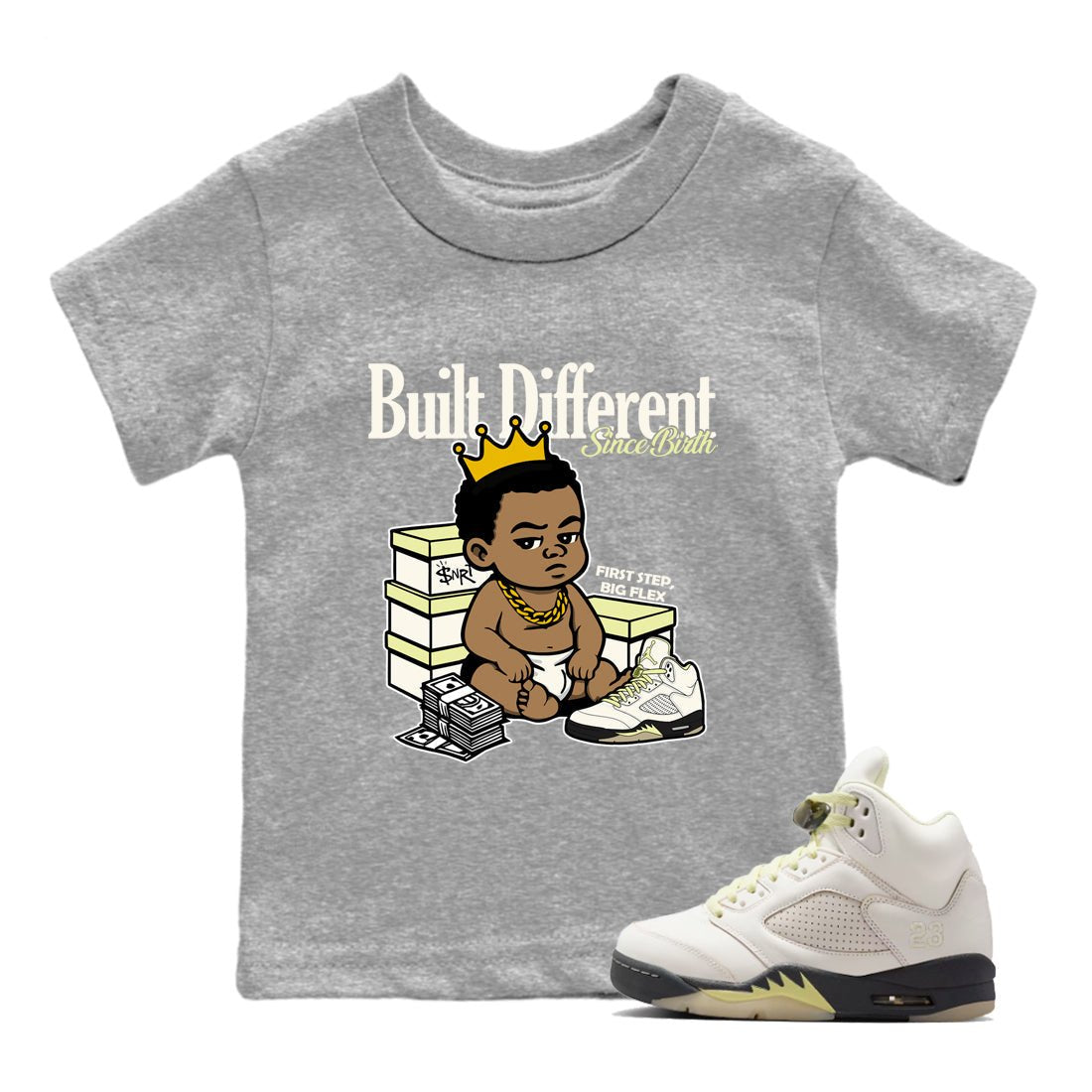 Sneaker match tees – Streetwear Graphic Tees Air Jordan 5 Luminous Green Sneakers – Built Different Since Birth Kids Craphic T-Shirt Heather Grey 1