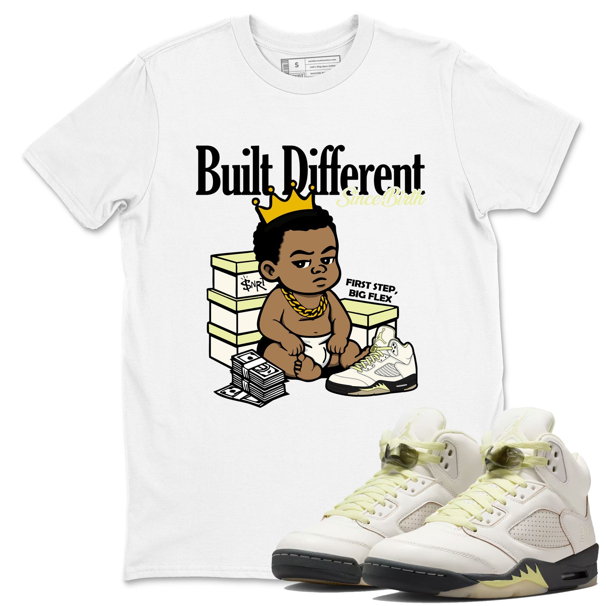 Sneaker match tees – Streetwear Graphic Tees Air Jordan 5 Luminous Green Sneakers – Built Different Since Birth Graphic Tee White 1