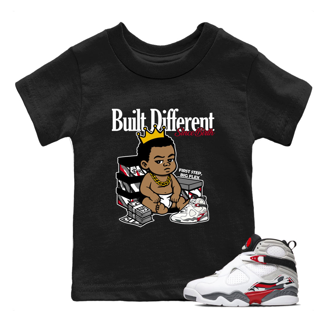 Sneaker match tees – Sneaker Tees To Match Air Jordan 8 Bunny Shoes Air Jordan 8 White and True Red – Built Different Since Birth Kids T-Shirt Black 1