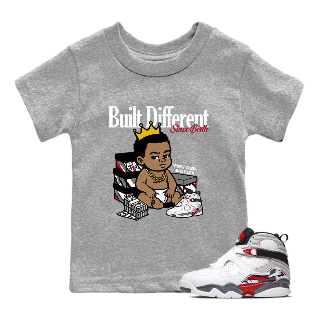 Sneaker match tees – Sneaker Tees To Match Air Jordan 8 Bunny Shoes Air Jordan 8 White and True Red – Built Different Since Birth Kids T-Shirt Heather Grey 1
