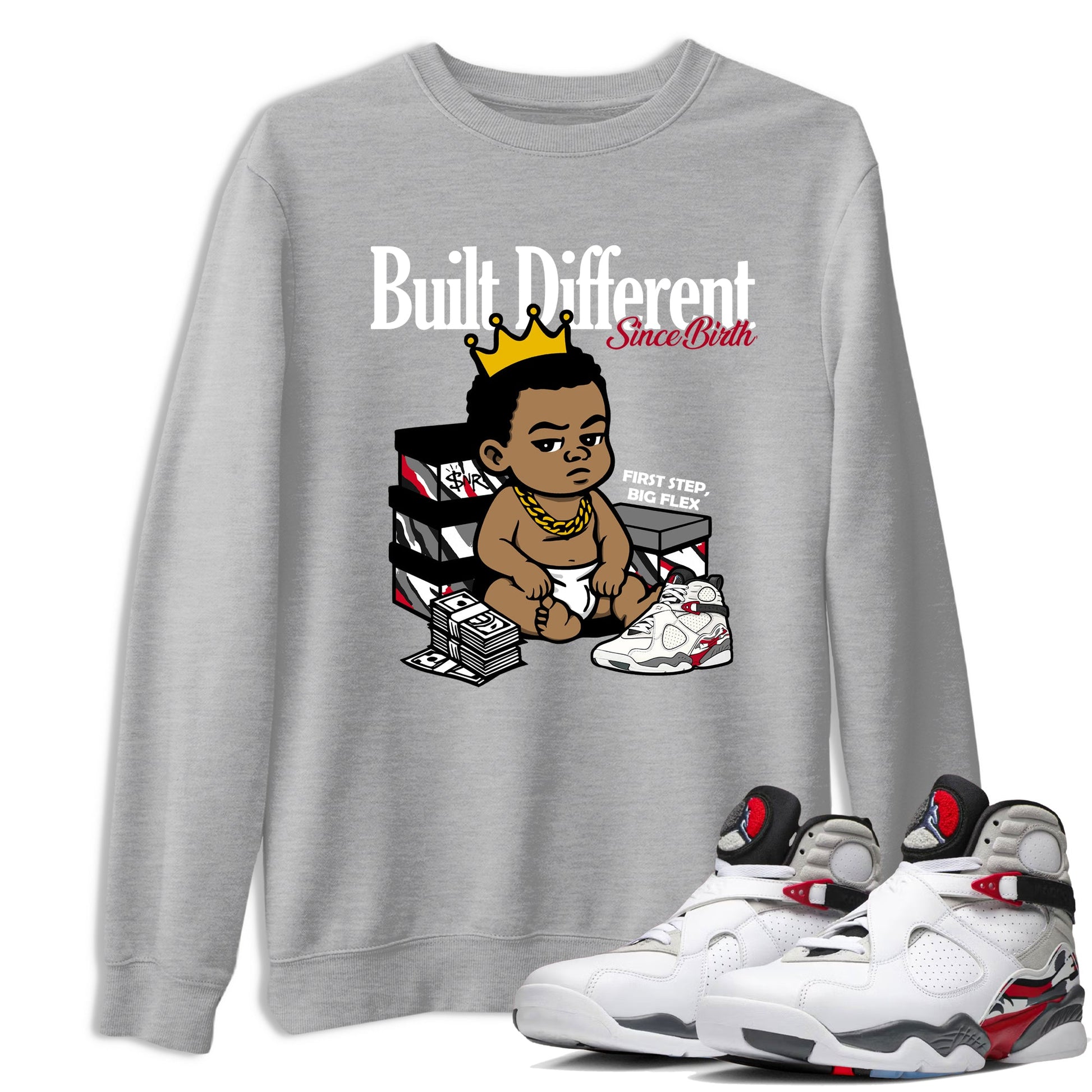 Sneaker match tees – Sneaker Tees To Match Air Jordan 8 Bunny Shoes Air Jordan 8 White and True Red – Built Different Since Birth Tee Heather Grey 1