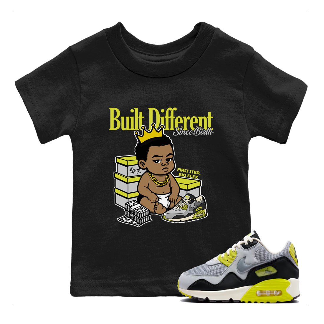 Built Different Since Birth baby and kids t-shirt crafted for little sneakerheads to shine with the Air Max 90 Cyber sneakers, displayed in Black 1.