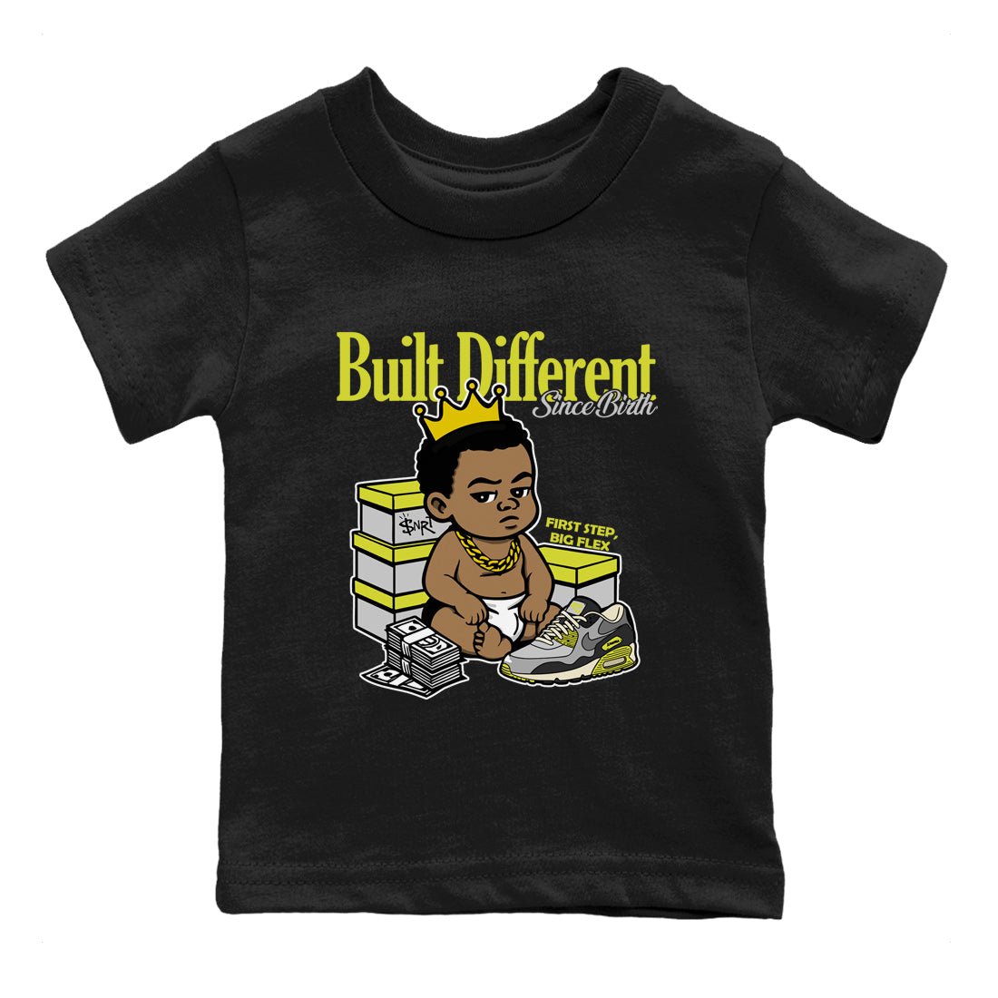 Built Different Since Birth baby and kids t-shirt crafted for little sneakerheads to shine with the Air Max 90 Cyber sneakers, displayed in Black 2.