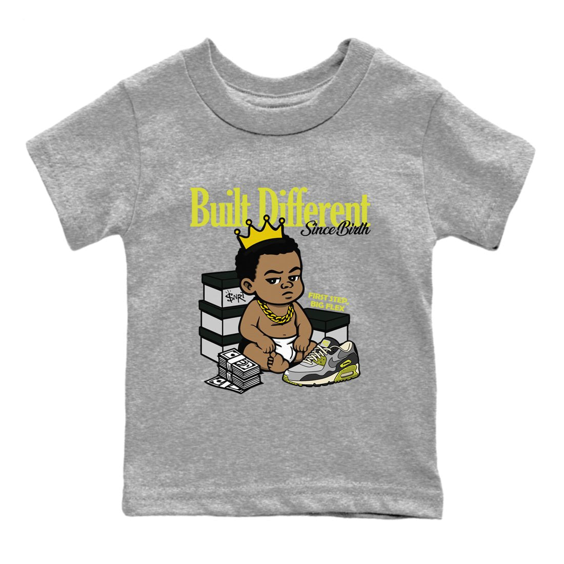 Built Different Since Birth baby and kids t-shirt crafted for little sneakerheads to shine with the Air Max 90 Cyber sneakers, displayed in Heather Grey 2.