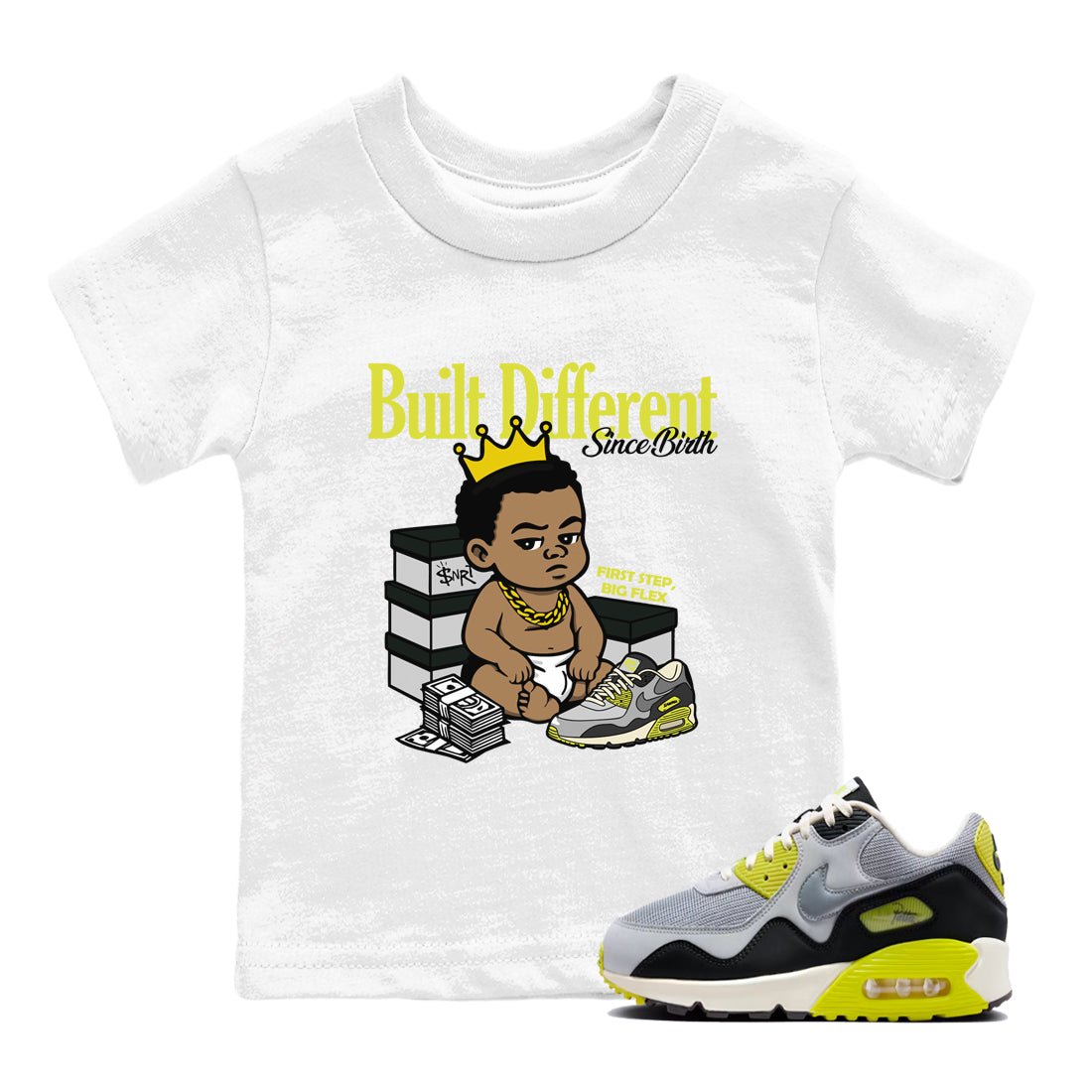 Built Different Since Birth baby and kids t-shirt crafted for little sneakerheads to shine with the Air Max 90 Cyber sneakers, displayed in White 1.