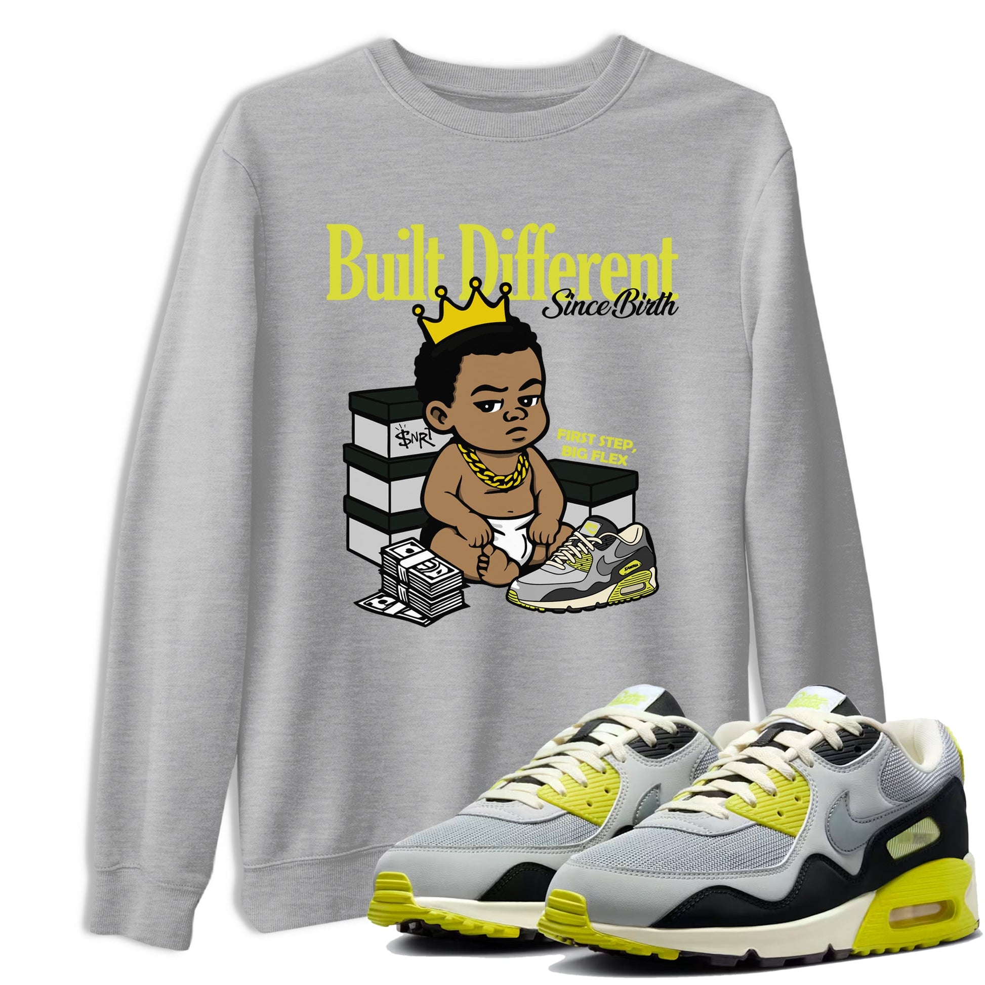 Built Different Since Birth sneaker match t-shirt styled to complete your fit with the Air Max 90 Cyber sneakers, shown in Heather Grey 1.