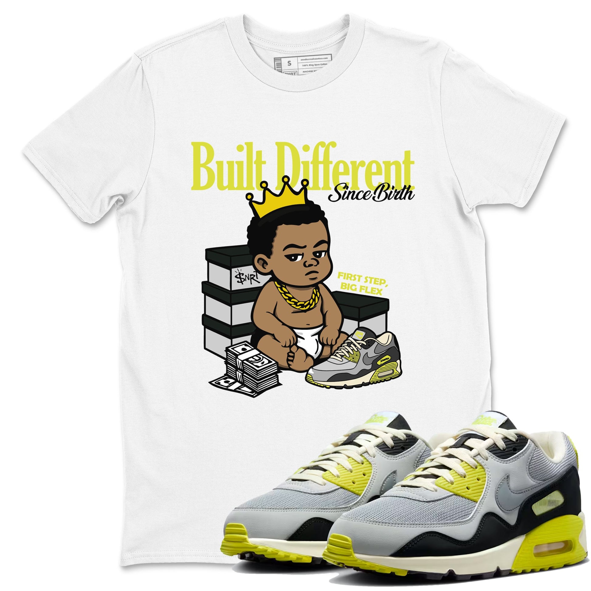 Built Different Since Birth sneaker match t-shirt styled to complete your fit with the Air Max 90 Cyber sneakers, shown in White 1.