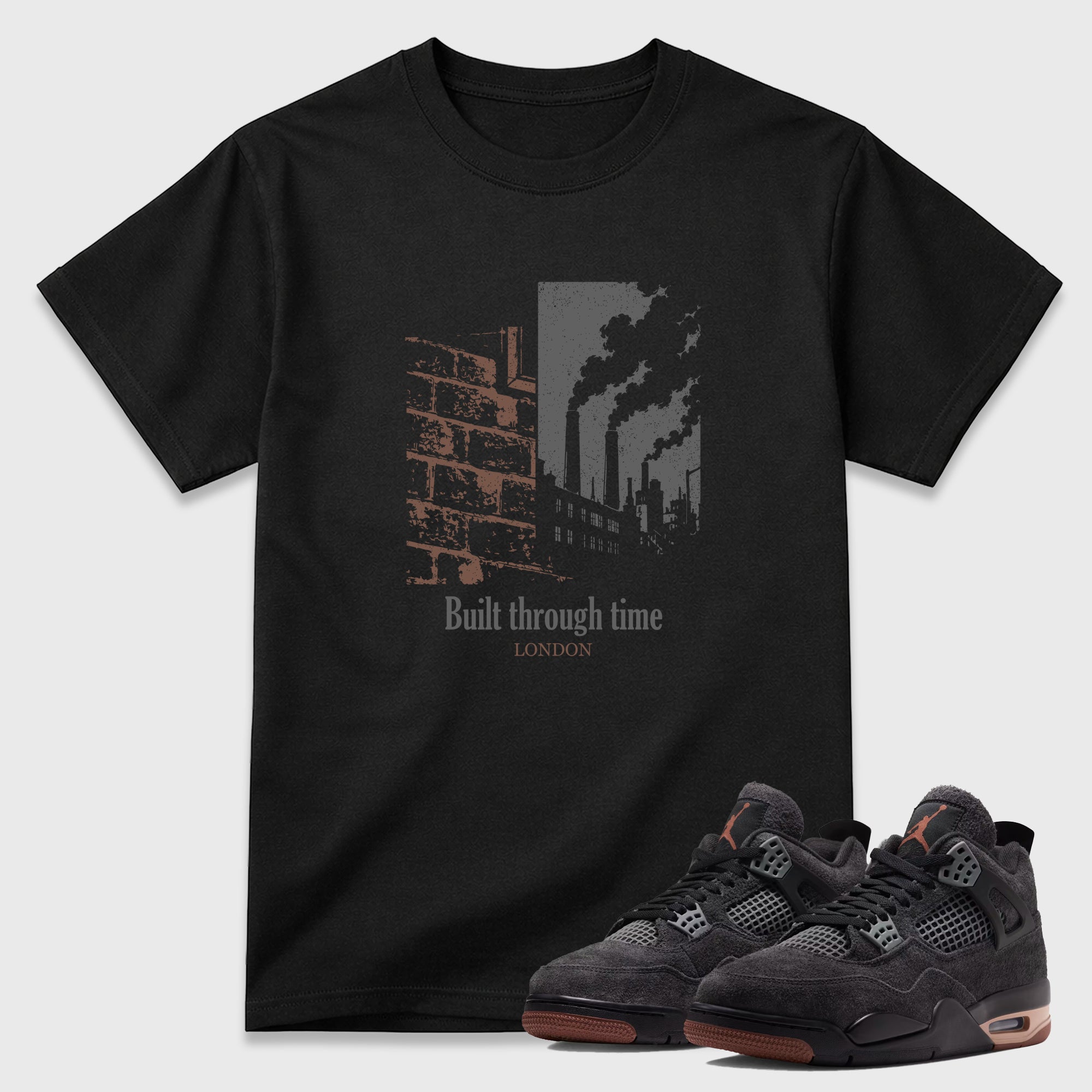 Built Through Time Graphic T-Shirt featuring original streetwear artwork designed to match the Air Jordan 4 London. Black 1 Graphic T-Shirt.