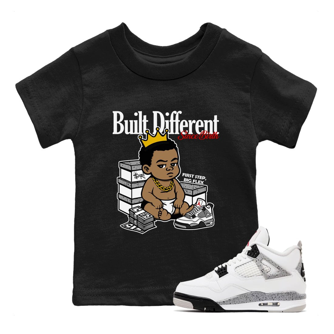 Bulit Different Since Birth baby and kids t-shirt crafted for little sneakerheads to shine with the Air Jordan 4 White Cement sneakers, displayed in Black 1.