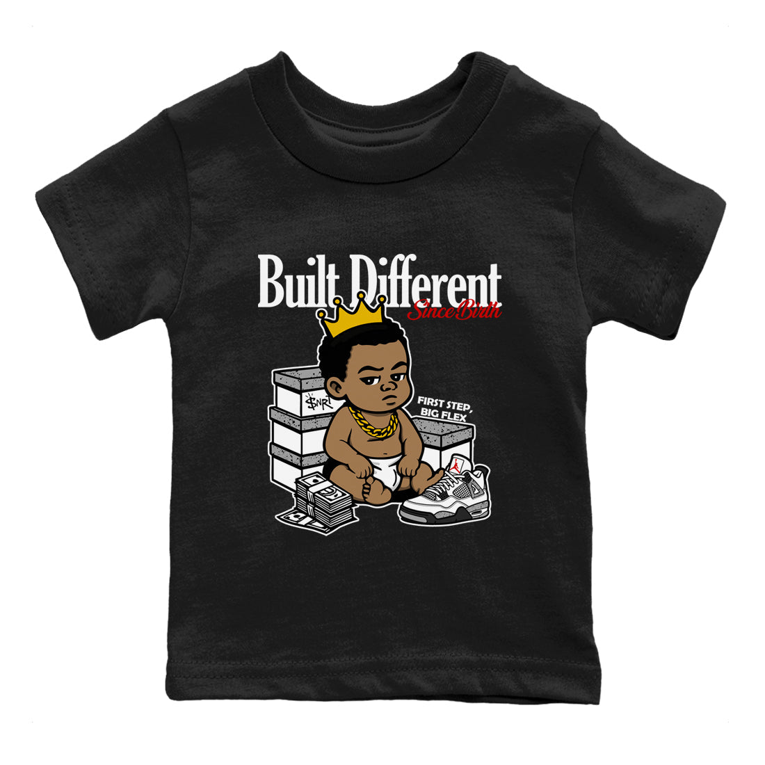 Bulit Different Since Birth baby and kids t-shirt crafted for little sneakerheads to shine with the Air Jordan 4 White Cement sneakers, displayed in Black 2.
