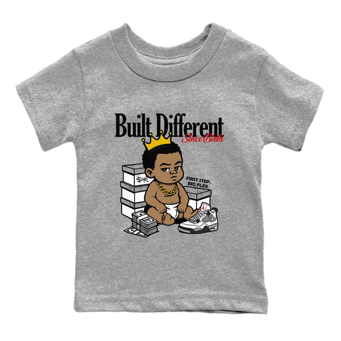 Bulit Different Since Birth baby and kids t-shirt crafted for little sneakerheads to shine with the Air Jordan 4 White Cement sneakers, displayed in Heather Grey 2.