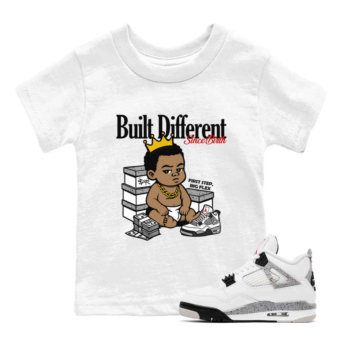 Bulit Different Since Birth baby and kids t-shirt crafted for little sneakerheads to shine with the Air Jordan 4 White Cement sneakers, displayed in White 1.