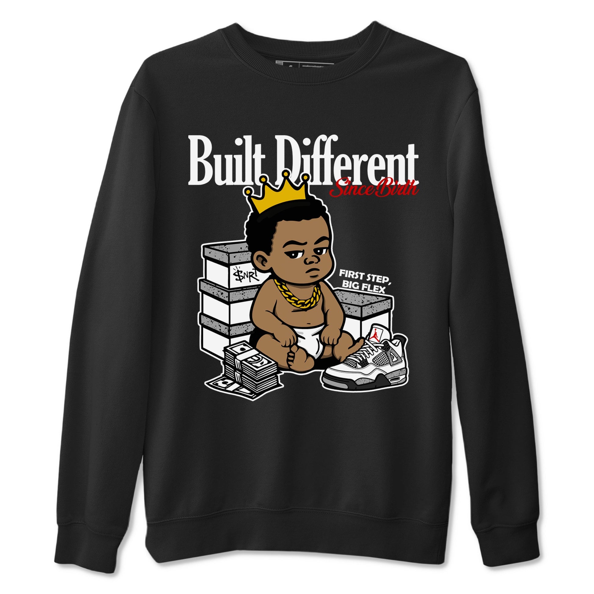 Bulit Different Since Birth sneaker match t-shirt styled to complete your fit with the Air Jordan 4 White Cement sneakers, shown in Black 2.