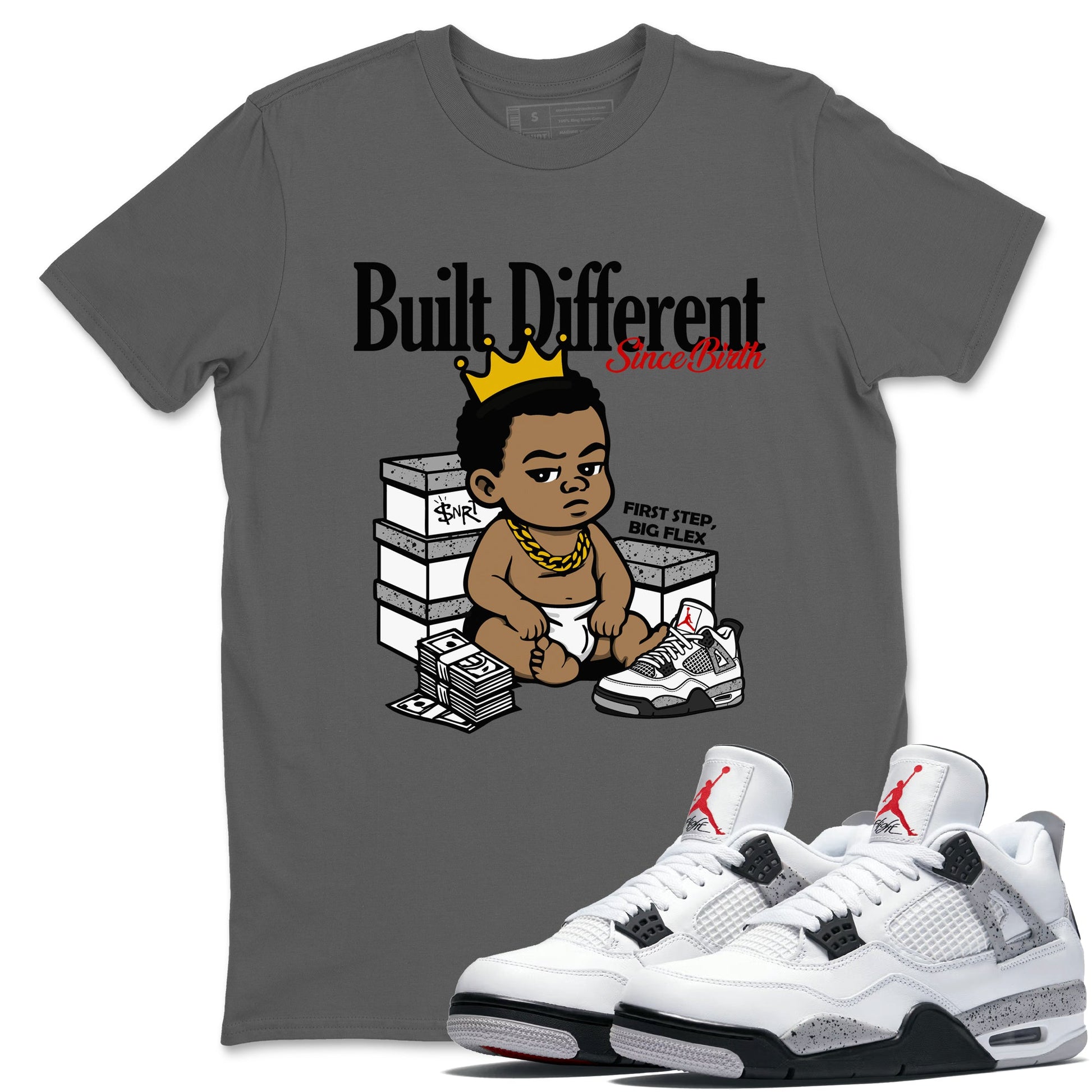 Bulit Different Since Birth sneaker match t-shirt styled to complete your fit with the Air Jordan 4 White Cement sneakers, shown in Cool Grey 1.