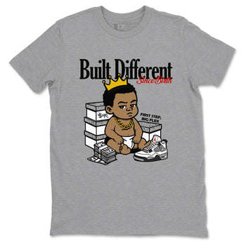 Bulit Different Since Birth sneaker match t-shirt styled to complete your fit with the Air Jordan 4 White Cement sneakers, shown in Heather Grey 2.
