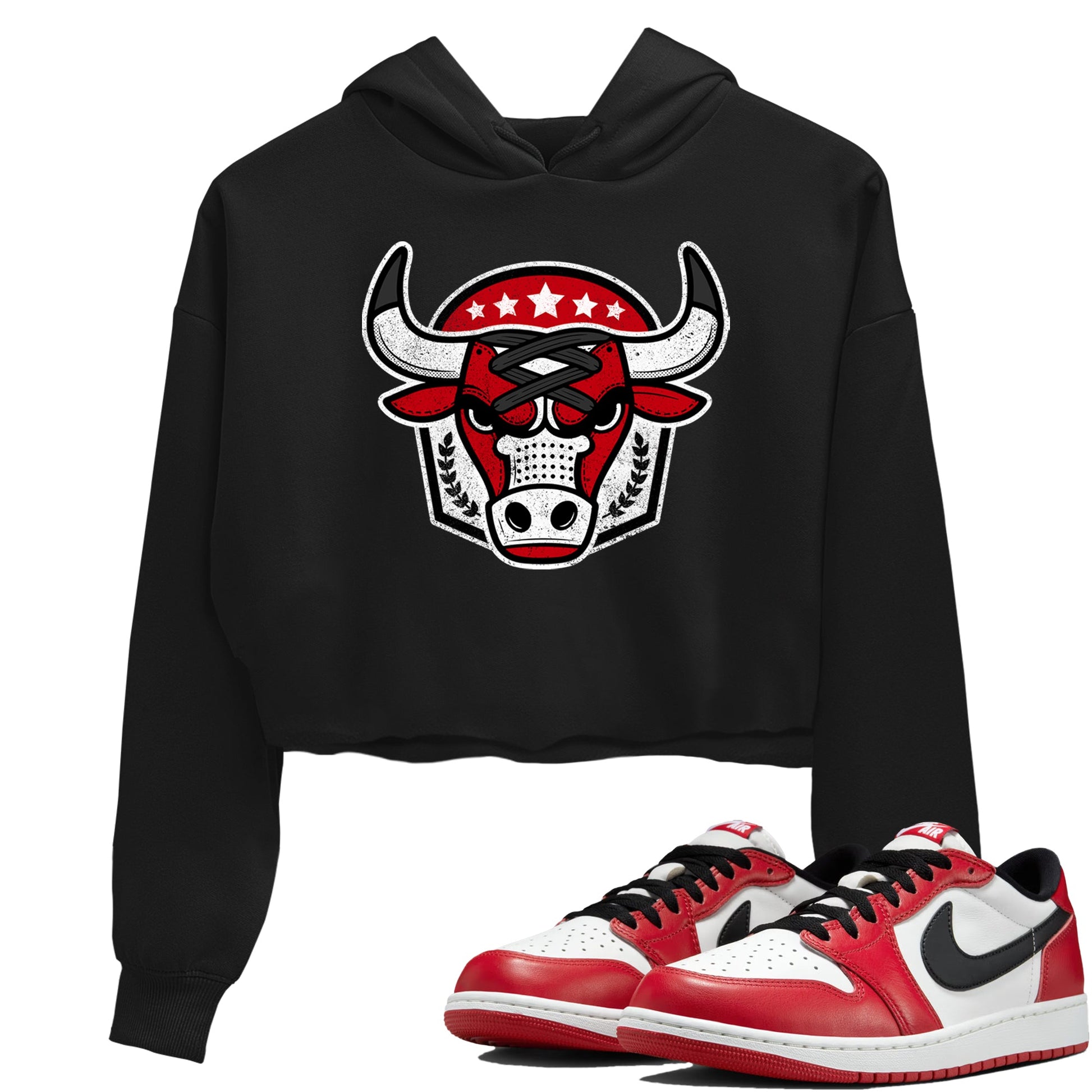 Best Sneakerfit graphic tee – Sneaker Tees To Match Air Jordan 1 Low Chicago Sneakers – Bull Emblem Crop T-Shirt Black 1