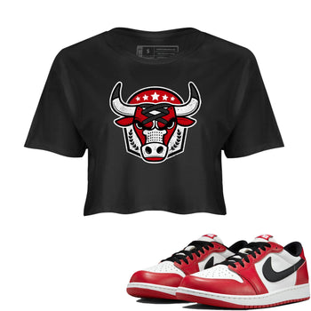 Best Sneakerfit graphic tee – Sneaker Tees To Match Air Jordan 1 Low Chicago Sneakers – Bull Emblem Crop T-Shirt Black 1