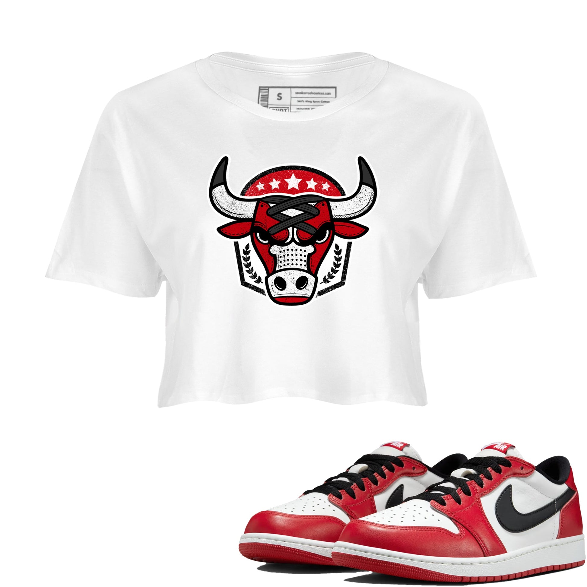 Best Sneakerfit graphic tee – Sneaker Tees To Match Air Jordan 1 Low Chicago Sneakers – Bull Emblem Crop T-Shirt White 1