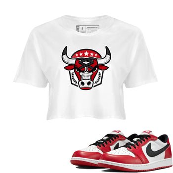Best Sneakerfit graphic tee – Sneaker Tees To Match Air Jordan 1 Low Chicago Sneakers – Bull Emblem Crop T-Shirt White 1