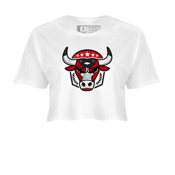 Best Sneakerfit graphic tee – Sneaker Tees To Match Air Jordan 1 Low Chicago Sneakers – Bull Emblem Crop T-Shirt White 2