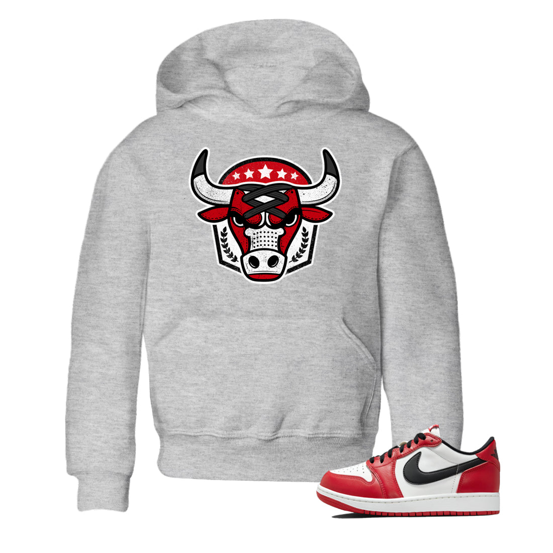 Best Sneakerfit graphic tee – Sneaker Tees To Match Air Jordan 1 Low Chicago Sneakers – Bull Emblem Kids T-Shirt Heather Grey 1