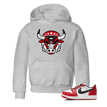 Best Sneakerfit graphic tee – Sneaker Tees To Match Air Jordan 1 Low Chicago Sneakers – Bull Emblem Kids T-Shirt Heather Grey 1