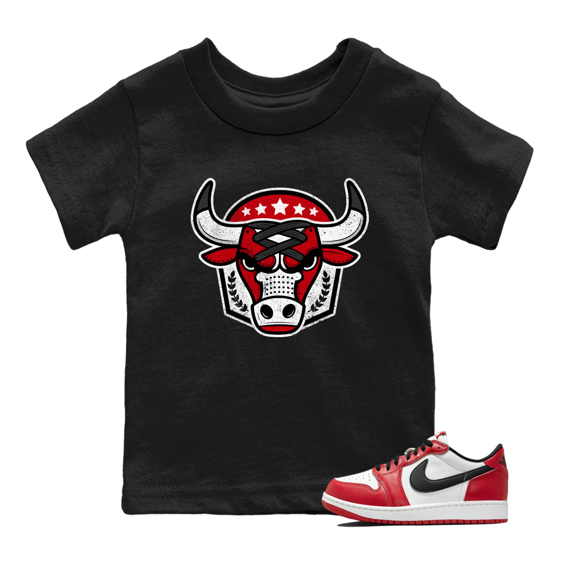 Best Sneakerfit graphic tee – Sneaker Tees To Match Air Jordan 1 Low Chicago Sneakers – Bull Emblem Kids T-Shirt Black 1