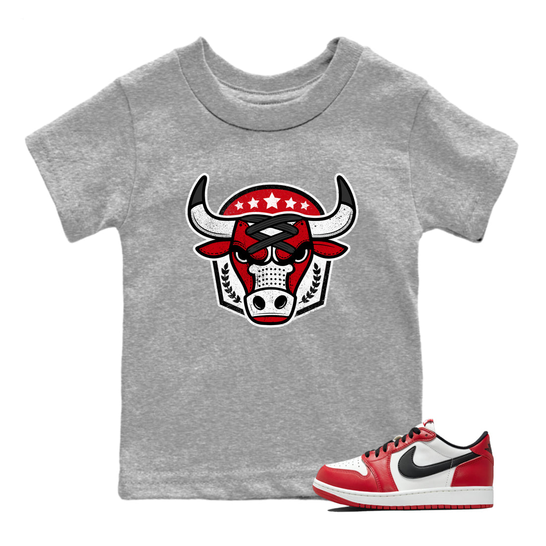 Best Sneakerfit graphic tee – Sneaker Tees To Match Air Jordan 1 Low Chicago Sneakers – Bull Emblem Kids T-Shirt Heather Grey 1
