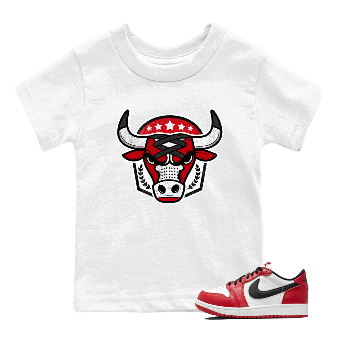 Best Sneakerfit graphic tee – Sneaker Tees To Match Air Jordan 1 Low Chicago Sneakers – Bull Emblem Kids T-Shirt White 1