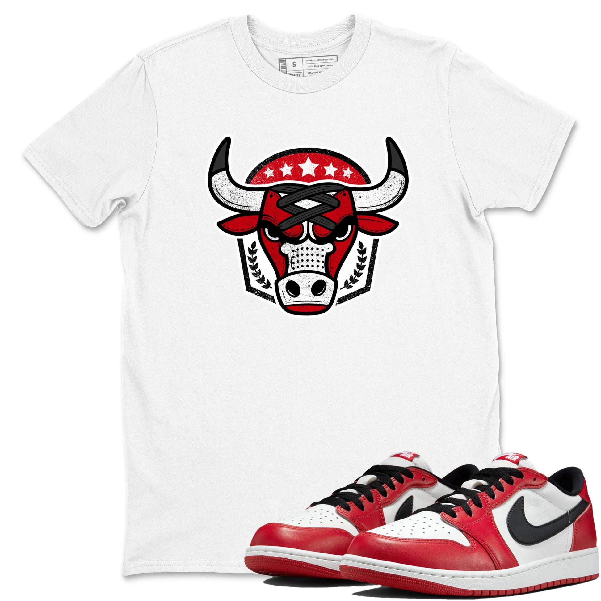 Best Sneakerfit graphic tee – Sneaker Tees To Match Air Jordan 1 Low Chicago Sneakers – Bull Emblem Tee White 1