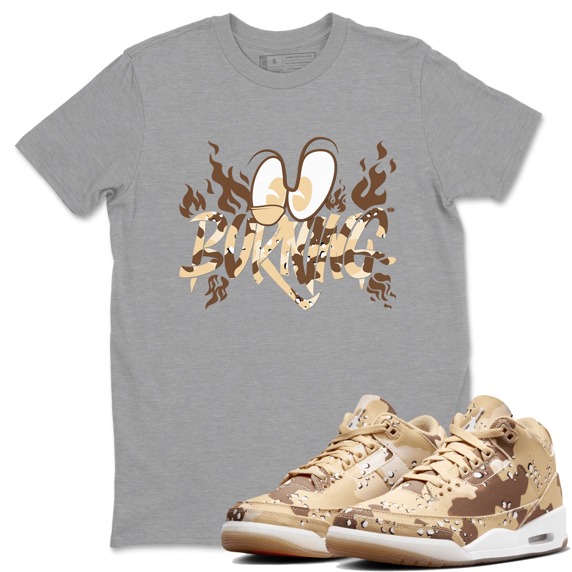3s Desert Camo shirts to match jordans Burning sneaker match tees Air Jordan 3 Desert Camo SNRT Sneaker Tees streetwear brand Heather Grey 1 unisex cotton tee