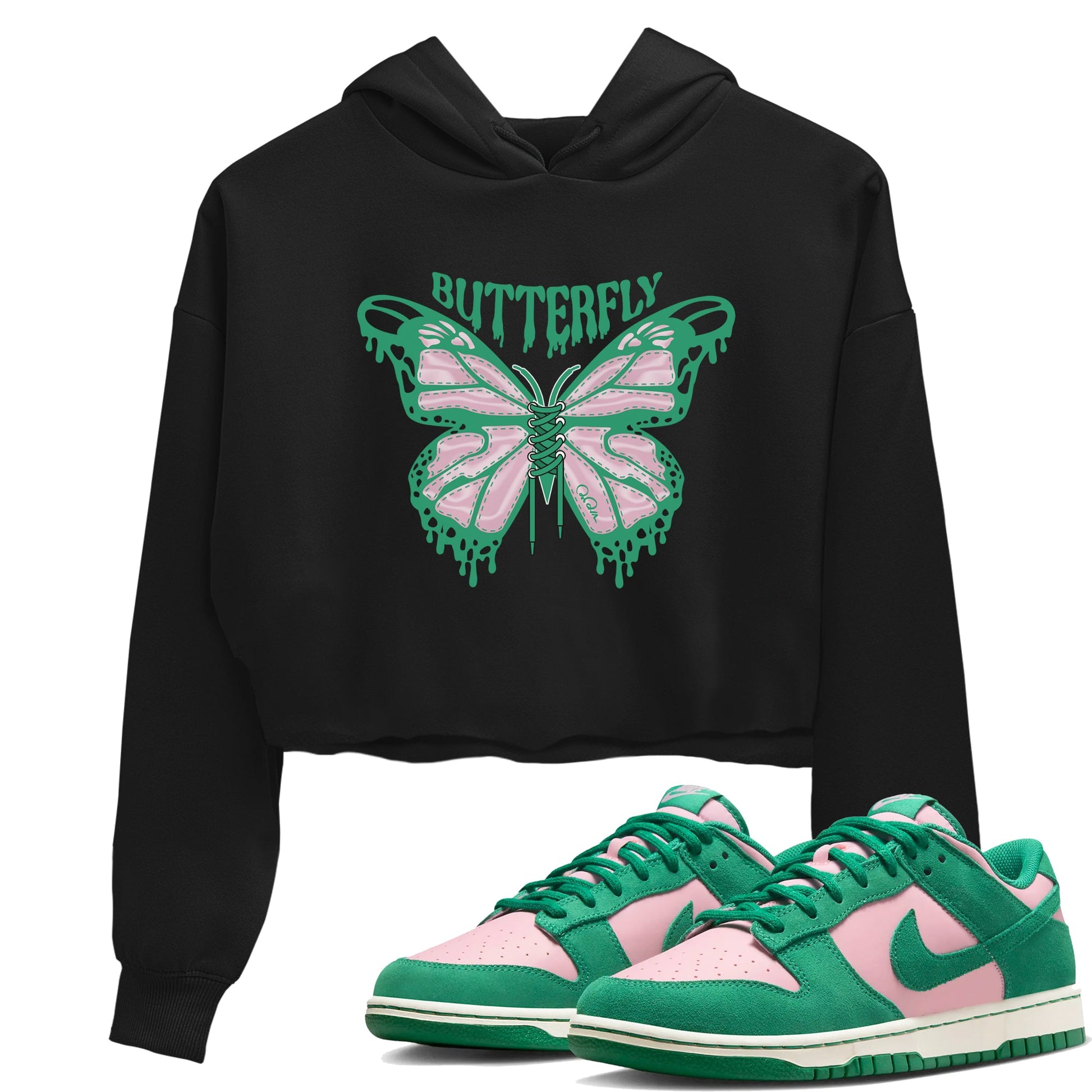 Dunk Low Medium Soft Pink Malachite shirt to match jordans Butterfly sneaker tees Dunk Retro SE Medium Soft Pink Malachite SNRT Sneaker Release Tees Black 1 crop length shirt