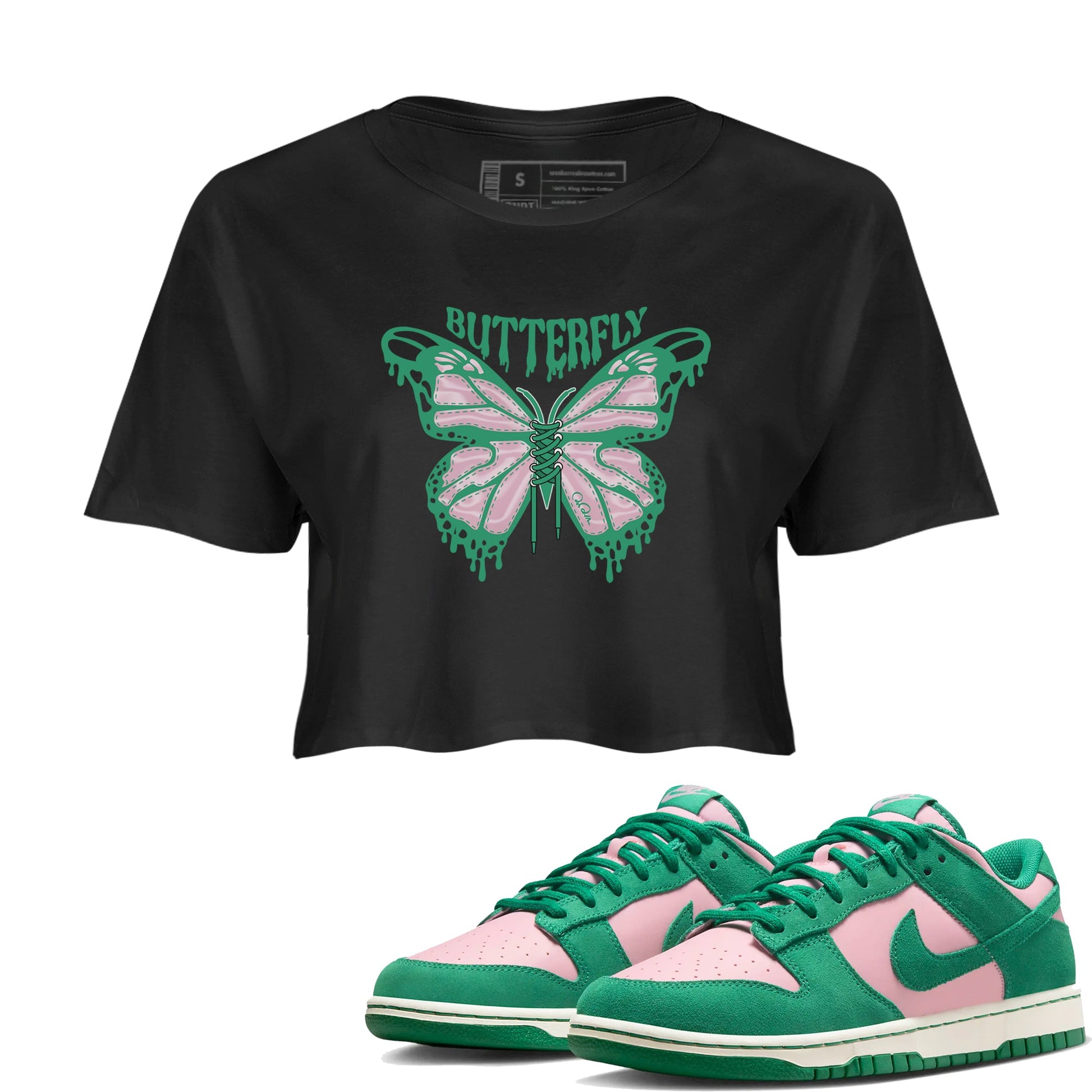 Dunk Low Medium Soft Pink Malachite shirt to match jordans Butterfly sneaker tees Dunk Retro SE Medium Soft Pink Malachite SNRT Sneaker Release Tees Black 1 crop length shirt