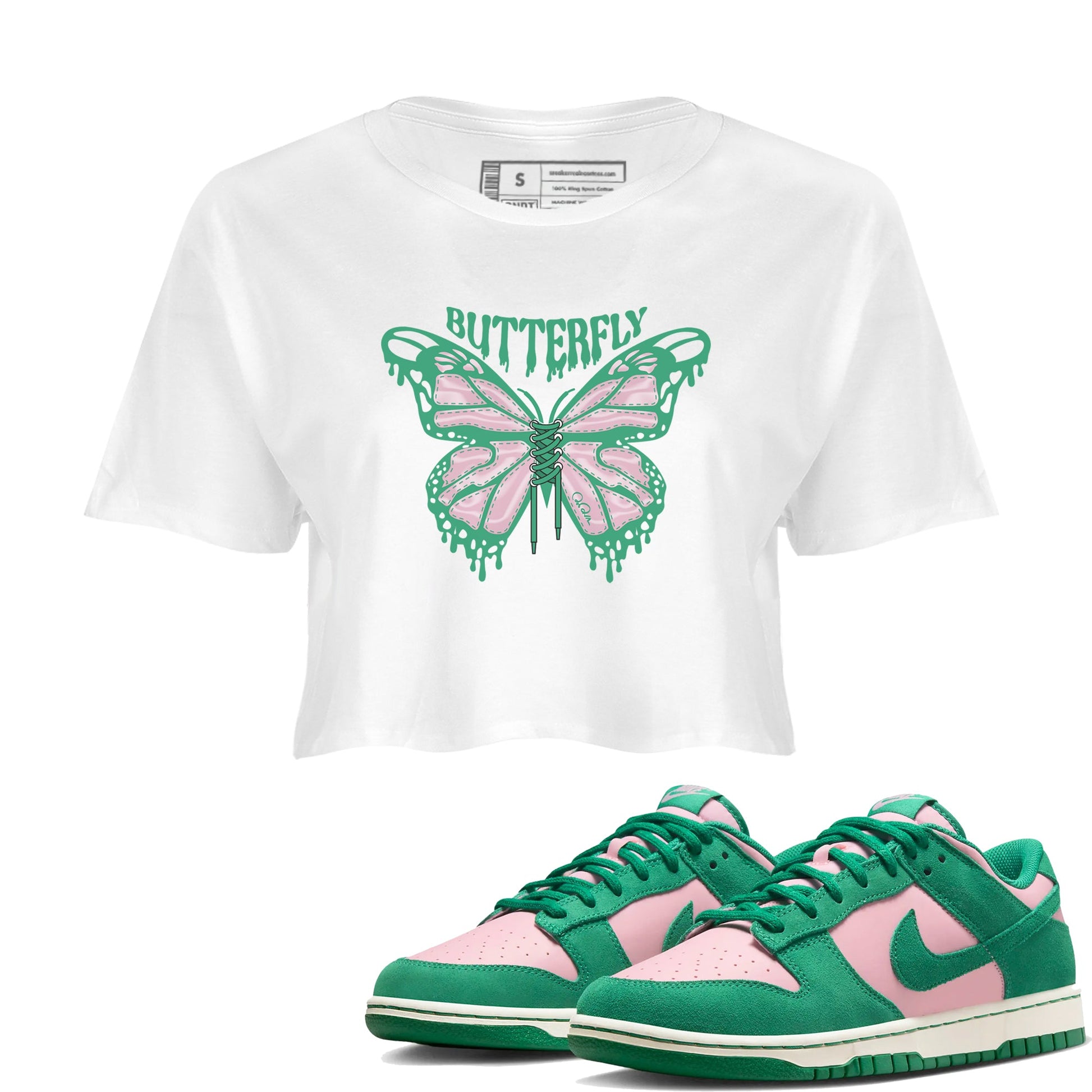Dunk Low Medium Soft Pink Malachite shirt to match jordans Butterfly sneaker tees Dunk Retro SE Medium Soft Pink Malachite SNRT Sneaker Release Tees White 1 crop length shirt